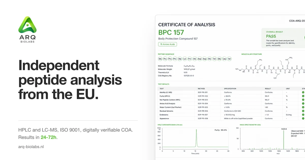 Merkbeeld van ARQ Biolabs: independent peptide analysis from the EU, naast een analysecertificaat met resultaat PASS