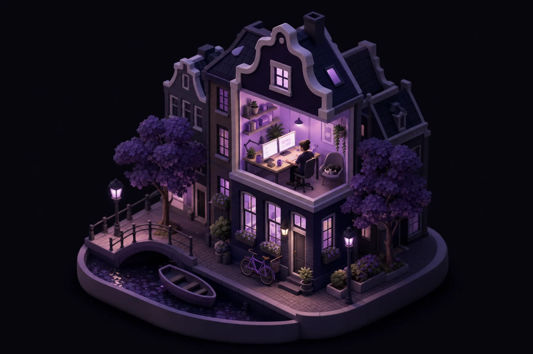 Isometrische 3D-studio van Rouby, een grachtenpand bij nacht